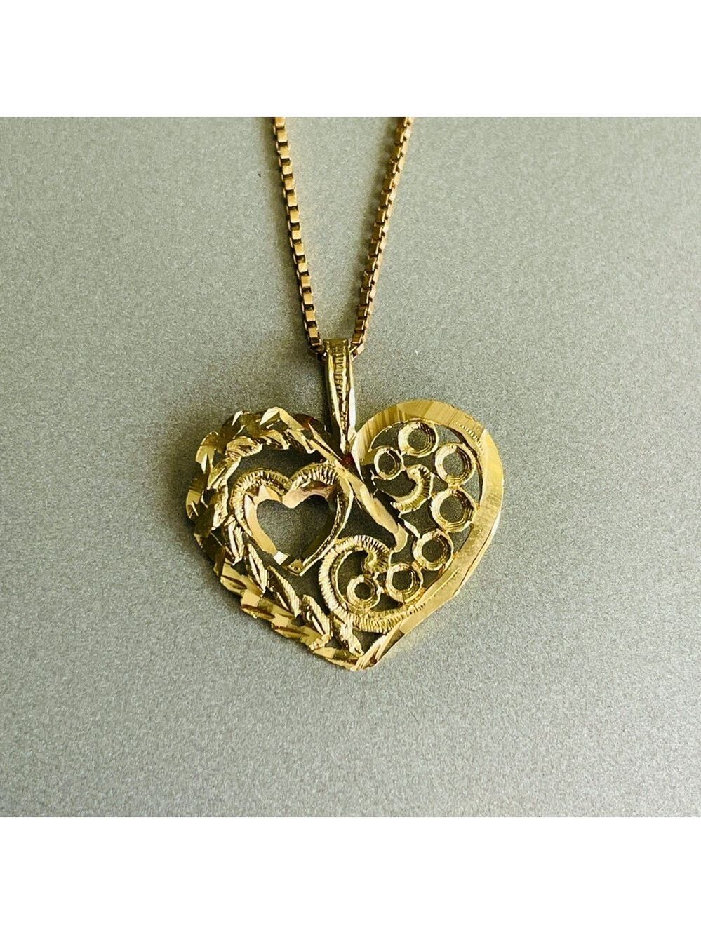 14k Yellow Gold Diamond Cut Ornate Open Heart Charm Pendant Necklace - Picture 7 of 8